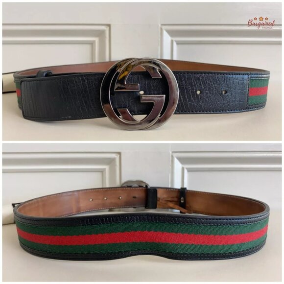 Authentic Gucci Web Canvas Black Leather Silver Interlocking G Buckle Belt 85/34 - Picture 5 of 12